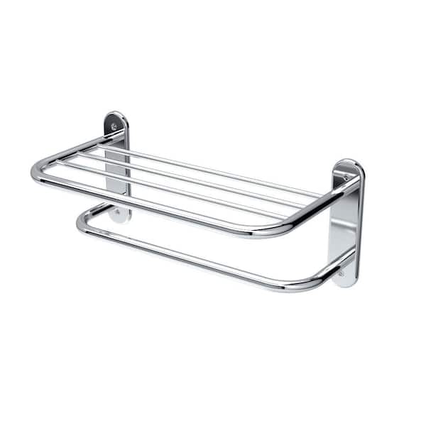 20.13 in. W x 8.5 in. H x 9.86 in. D Stainless Steel Rectangular Hotel Bath Towel Shelf with Bar in Chrome