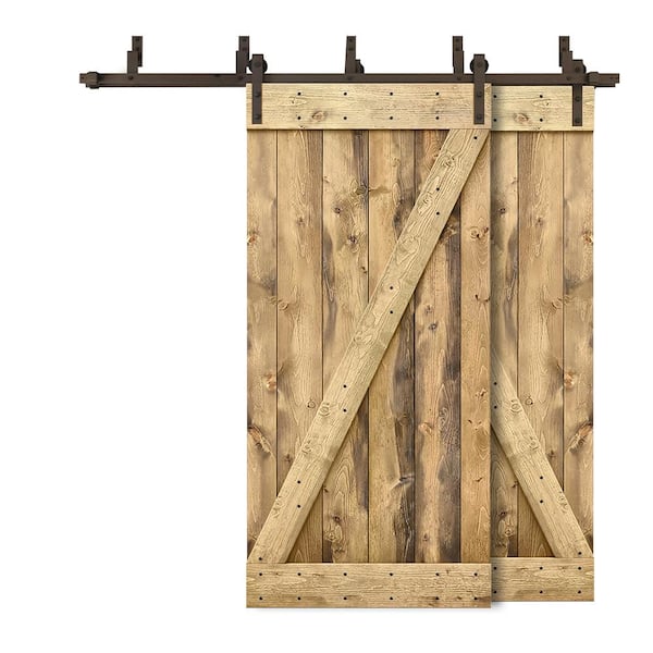 CALHOME 60 in. x 84 in. Z Bar Bypass Weather Oak Stained Solid Pine Wood Interior Double Sliding Barn Door with Hardware Kit
