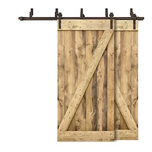 92 in. x 84 in. Z-Bar Bypass Weather Oak Stained DIY Solid Wood Interior Double Sliding Barn Door with Hardware Kit