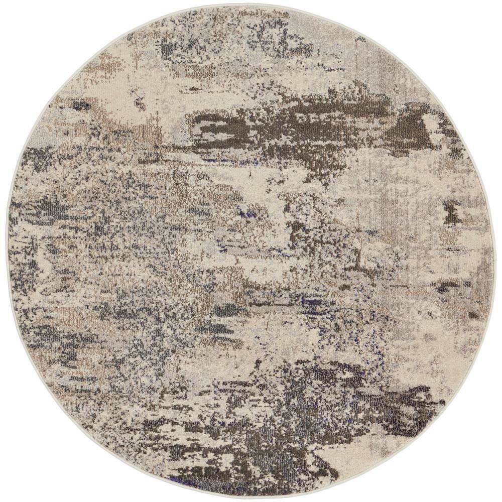 Ivory and Grey Abstract Round Hand-knotted Area Rug