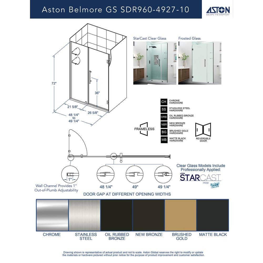 Belmore GS 49.25" Frameless Chrome Shower Door with Clear Glass