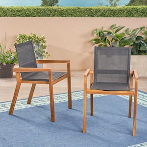 Teak Acacia Wood Outdoor Dining Chairs, Mesh Patio Chairs with Gray Textile Seating for Poolside Backyard Set of 2