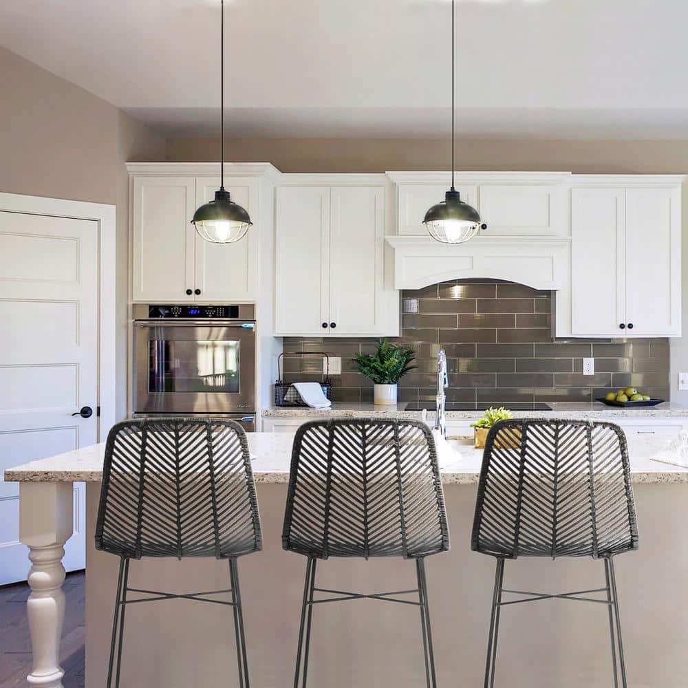 Tropical Chic Black Rattan and Metal High-Back Bar Stool