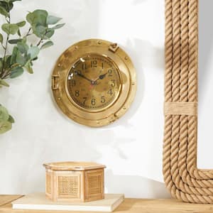 12 in. x 3 in. Gold Metal Small Port Hole Nautical Wall Clock