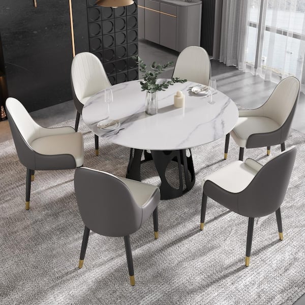 J&E Home White Marble Top 53.15 in. Pedestal Round Dining Table (Seats 6)