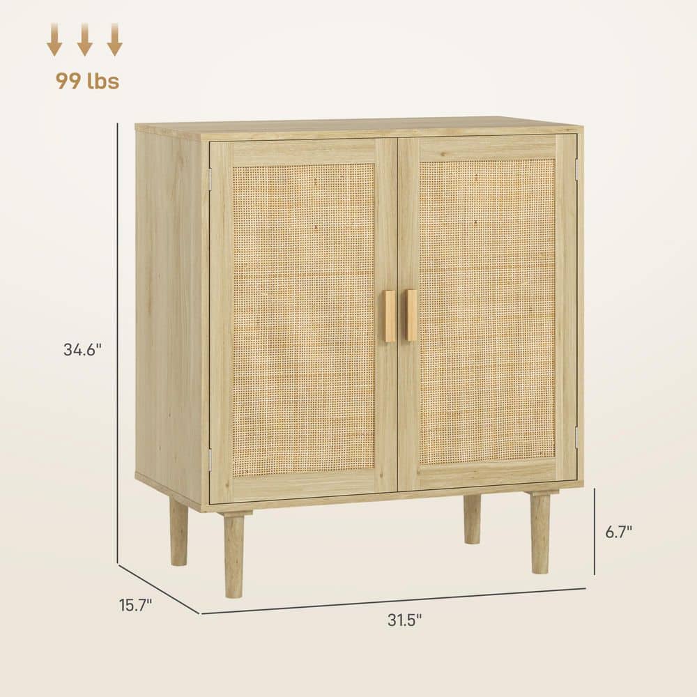 Natural Oak Bohemian Sideboard with Rattan Doors and Shelves
