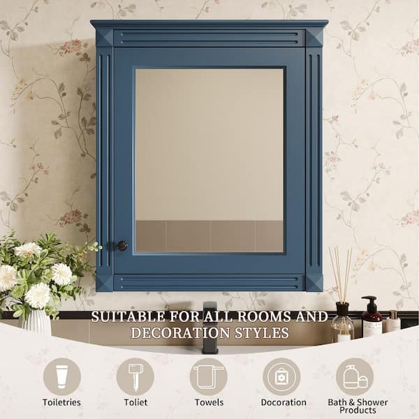 FAMYYT 24 in. W x 28 in. H Blue Rectangular Wooden Medicine Cabinet with Mirror and Adjustable Shelf