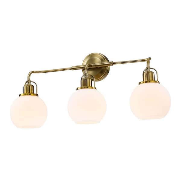 Modern 24 in. 3-Light Gold Vanity Light with Frosted Glass Shades