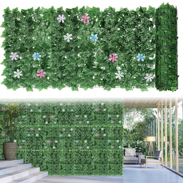 Oumilen 60 Artificial Peanut Leaf Privacy Fence Screen with Flowers for Balcony, Garden Fence Decorative Hedge Flower Backdrops