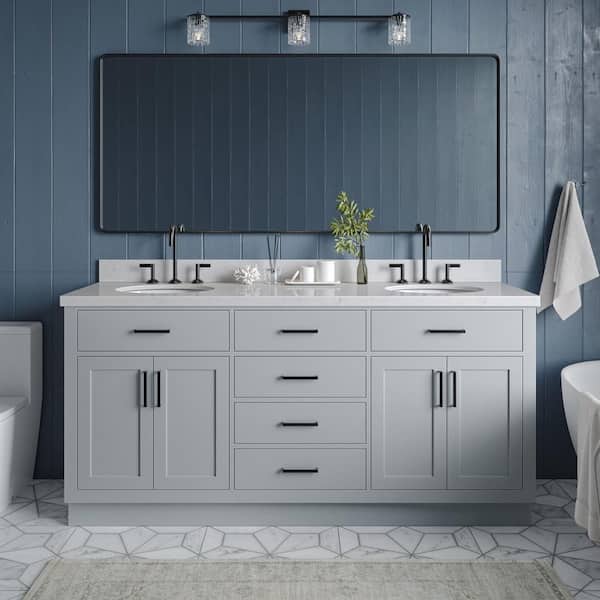 Hepburn 72 in. W x 22 in. D x 36 in. H Double Sink Freestanding Bath Vanity in Grey with Carrara Quartz Top