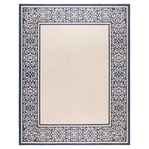 Gertmenian Paseo Tedo Sand and Navy 6 ft. x 9 ft. Border Indoor/Outdoor Area Rug