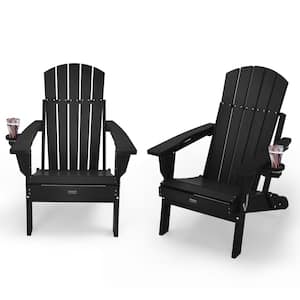 Black HDPE Outdoor Folding Plastic Adirondack Chair with Cupholder(2-Pack)