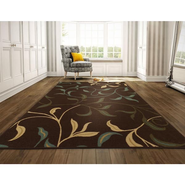 Ottomanson Ottohome Collection Contemporary Leaves Design Chocolate 8 ft. x 10 ft. Area Rug