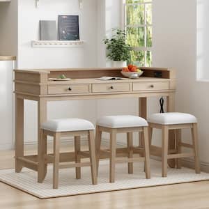 4-Piece Rectangle Natural Wood Wooden Bar Table Set with 3 Stools