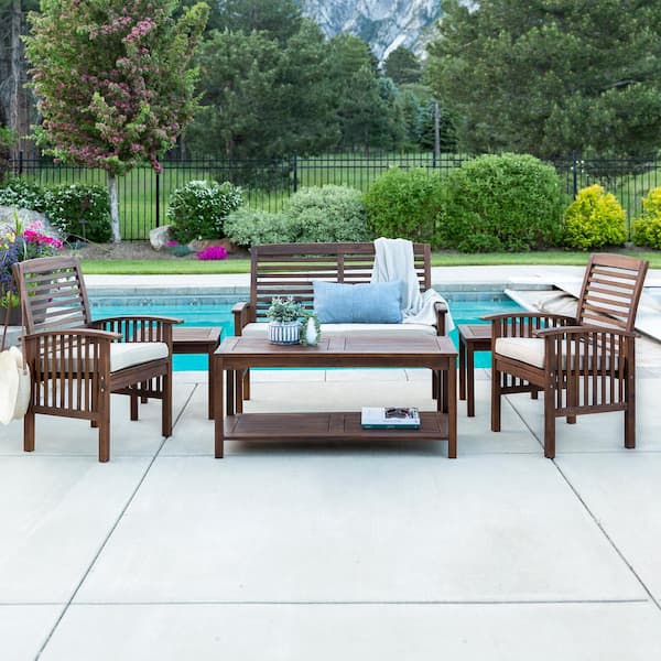 Walker Edison Furniture Company Dark Brown 6-Piece Wood Outdoor Chat Set with Off-White Cushion and 1 Love Seat, 2 Chairs, 1 Coffee Table, 2 Side Tables