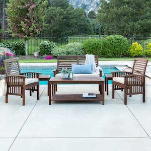 Dark Brown 6-Piece Wood Outdoor Chat Set with Off-White Cushion and 1 Love Seat, 2 Chairs, 1 Coffee Table, 2 Side Tables