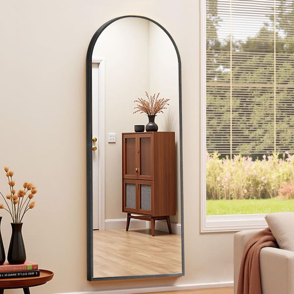 64 in. x 21 in. Full Length Arched Top Wall Mount Bathroom Vanity Mirror with Stand Aluminum Alloy Thin Frame in Black
