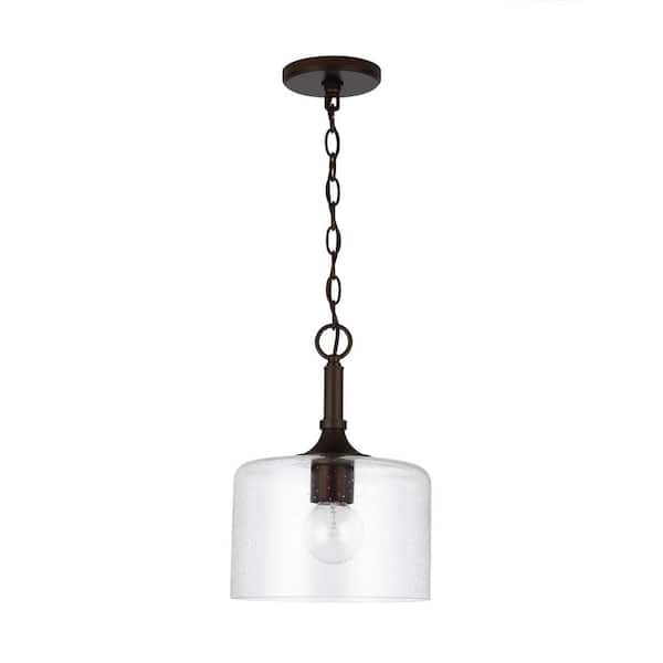 HOMEPLACE LIGHTING Carter 10 in. W x 14 in. H 1-Light Clear Seeded Glass Pendant in Bronze
