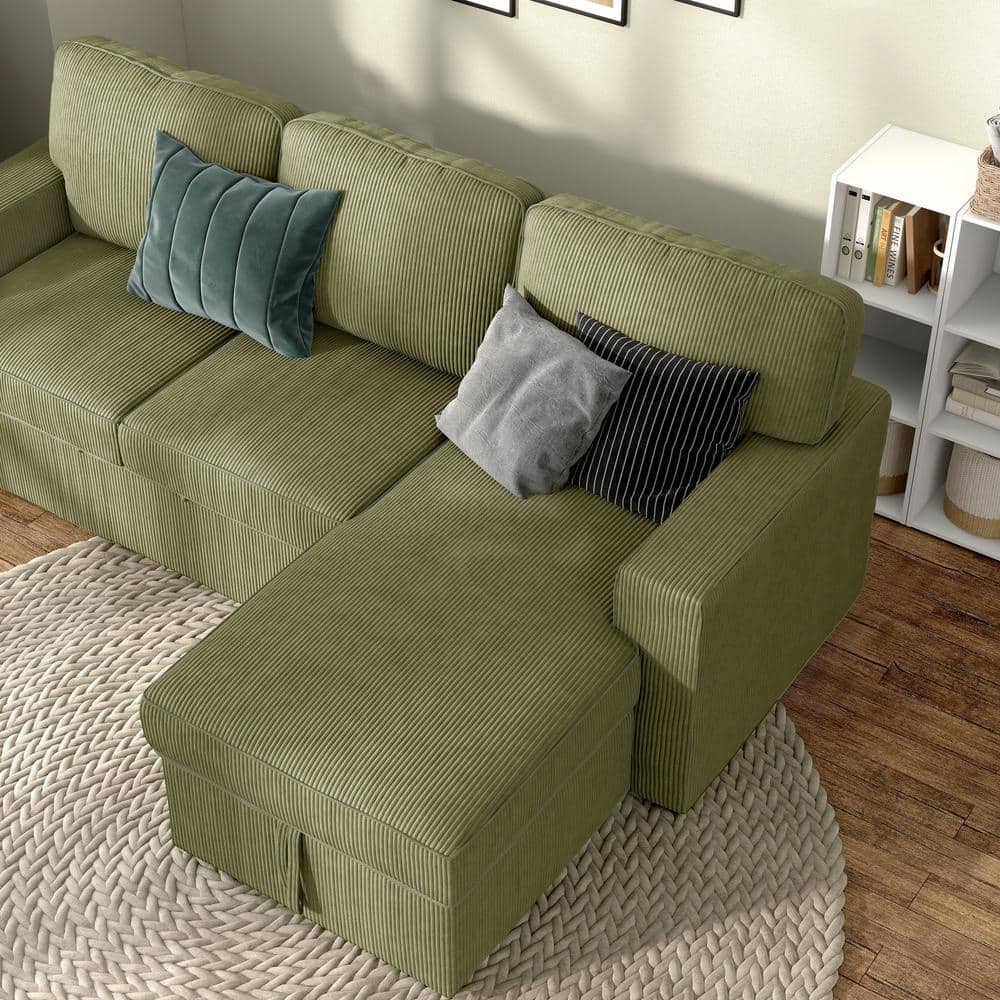 Green Corduroy Fabric Sectional Sofa with Storage Ottoman