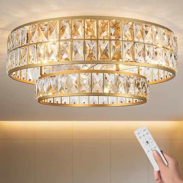 20" Gold Ceiling Fan with Lights and Remote Control, Indoor Crystal Fandelier, Caged Flush Mount Ceiling Fan for Bedroom