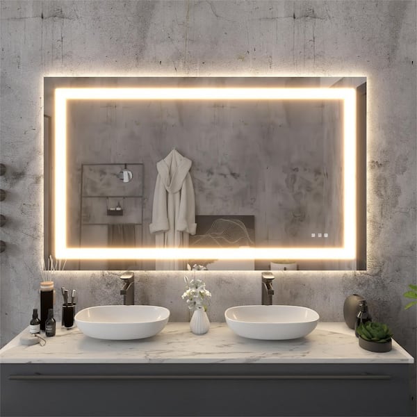 ONWITH 60 in. H x 36 in. W Rectangular Frameless LED Light Anti-Fog Wall Bathroom Vanity Mirror with Backlit and Front Light