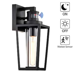 13.75 in. 1-Light Matte Black Motion Sensing Dusk to Dawn Non-Solar Outdoor Wall Lantern Sconce with Clear Glass Shade