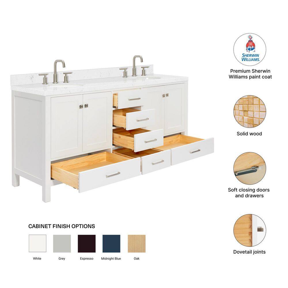 Cambridge 72" White Wood Double Sink Vanity with Quartz Top