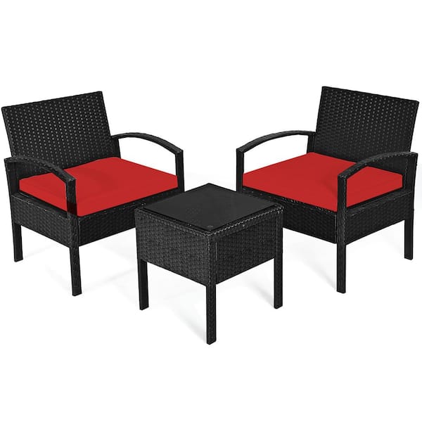 Costway 3-Piece Wicker Patio Conversation Set with Red Cushions