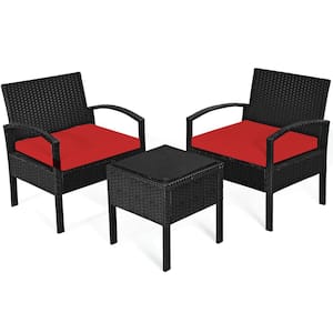 3-Piece Patio Rattan Furniture Set Table Conversation Sofa Cushioned Red
