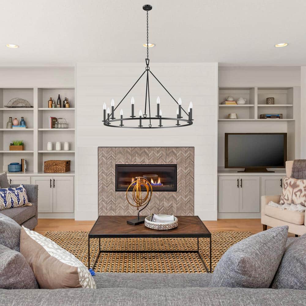 Black 12-Light Industrial Wagon Wheel Chandelier