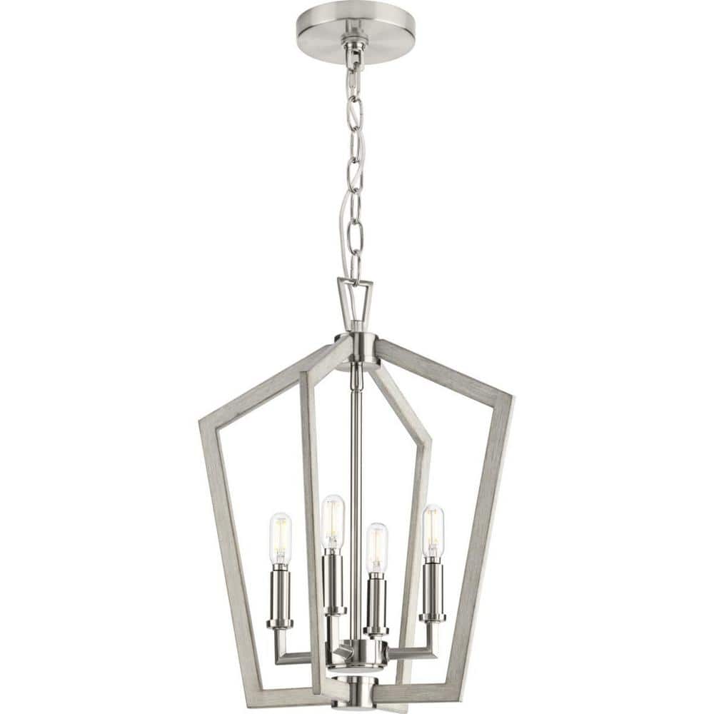 Brushed Nickel 4-Light Candelabra Chandelier with Oak Finish