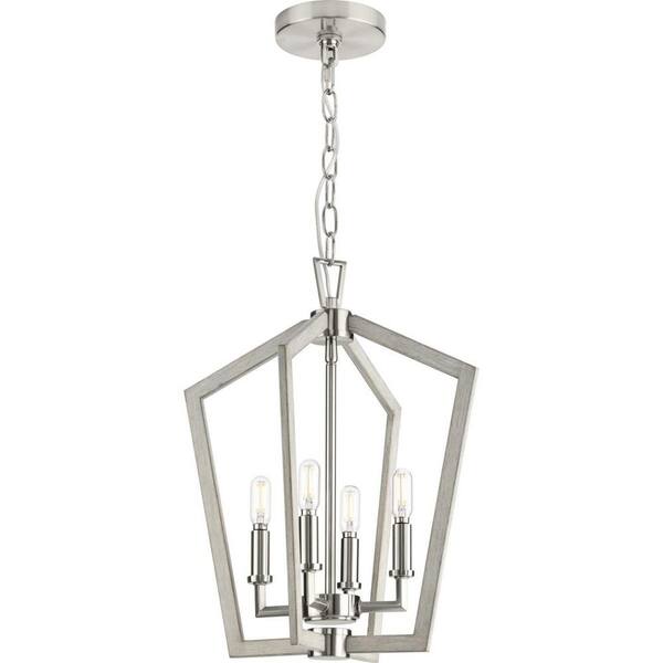 Progress Lighting Galloway 4-Light 18 in. Brushed Nickel Modern Farmhouse Foyer Light with Grey Washed Oak Accents
