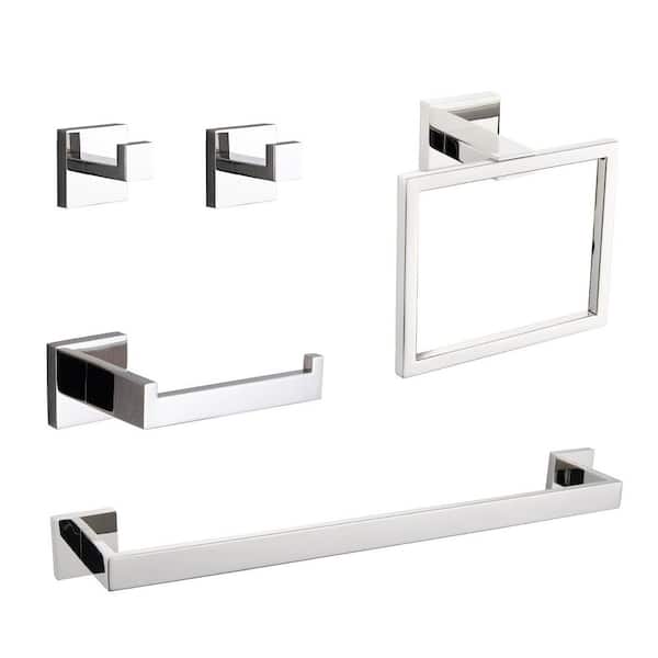 5-Piece Bathroom Towel Rack Set: Towel Bar + Ring + Hooks + TP Holder, Brushed Finish in Silver