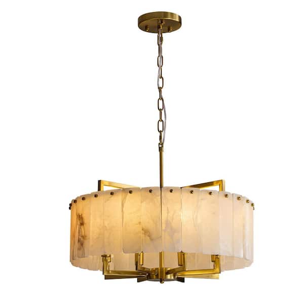 24 in. White Alabaster Chandelier 8-Light Gold Modern Luxury Brass Pendant Round for Dining Living Room Kitchen Island