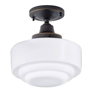 Schoolhouse 9.5 in. 1-Light Oil Rubbed Bronze with Stepped Glass Flush Mount