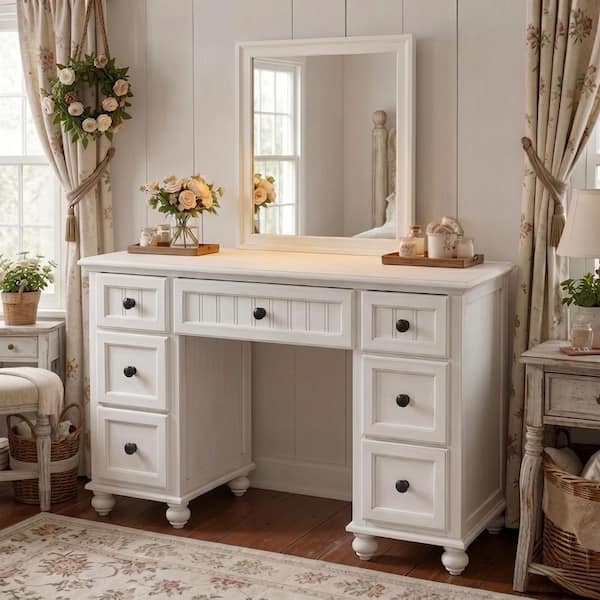 1-Piece Antique White Solid Wood Makeup Vanity with Mirror, 7 Drawers, Beadboard Details and Bun Feet