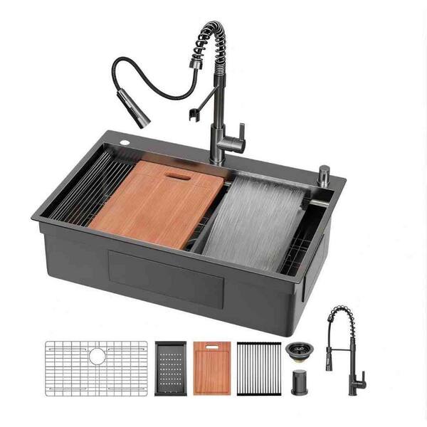 33 in. Drop-In Single Bowl 16 Gauge Gunmetal Black Stainless Steel Kitchen Sink with Pull-out Faucet and Cutting Board