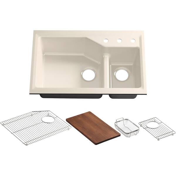 KOHLER Indio Smart Divide Undermount Cast Iron 33 in. 3-Hole Double Basin Kitchen Sink Kit in Cane Sugar