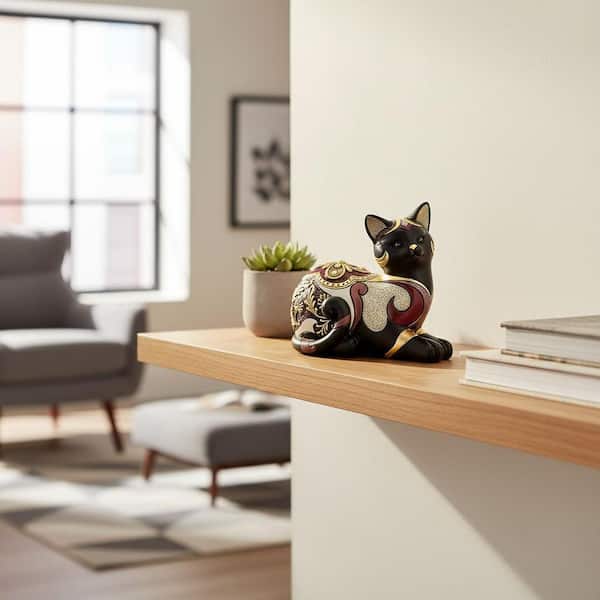 5.5 in. x 6.3 in. Resin Vintage Matte Black Cat Figurine, Retro
