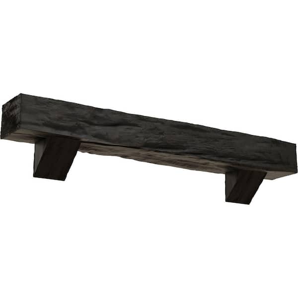 Ekena Millwork 4 in. x 4 in. x 7 ft. Riverwood Faux Wood Fireplace Mantel Kit, Breckinridge Corbels, Burnished Cedar