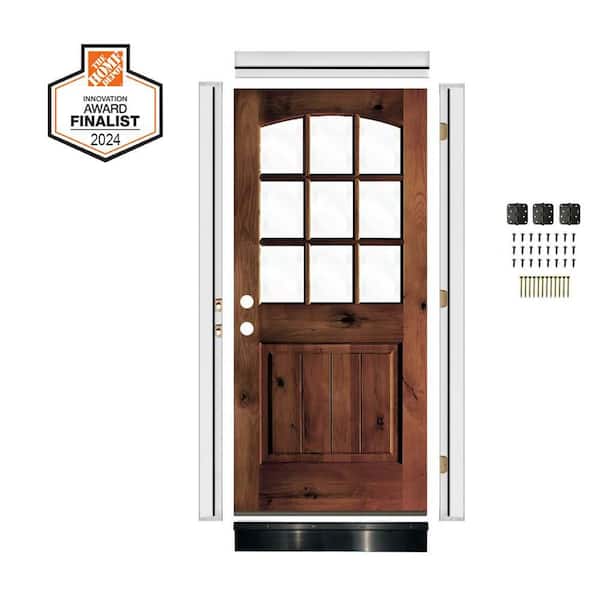 DIY 32in.x80in. Arch Top Right-Handed Clear Glass Red Mahogany Knotty Alder Wood Front Door Kit w/ Quick Assemble Jamb