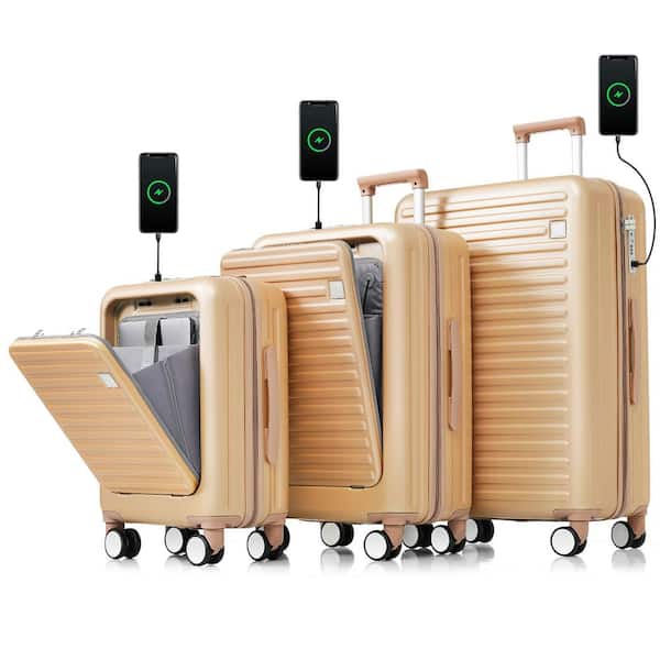 Merax 3-Piece Champagne 20 in. 24 in. 28 in. ABS Hardshell Spinner Luggage Set Cup Holders Front Opening Design 20 in. 24 in.