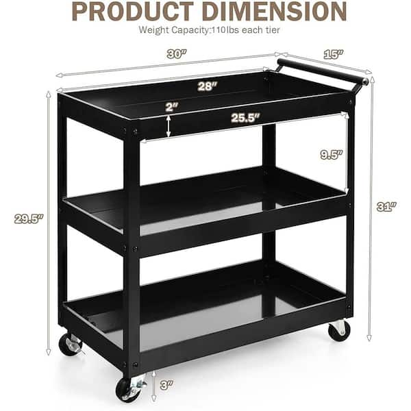 Bunpeony 3-Tier Black Metal Kitchen Cart