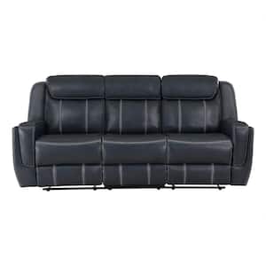 Colin 86 in. W Straight Arm Faux Leather Rectangle Manual Double Reclining Sofa w/ Center Drop-Down Cup Holders in Blue