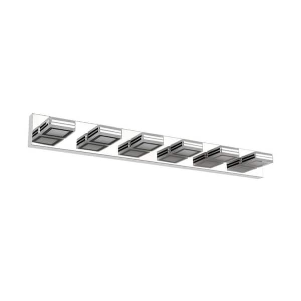 FIRHOT 39 in. 6-light Modern Chrome Wall Bathroom Mirror LED Vanity Light Bar with Square Acrylic Lampshades