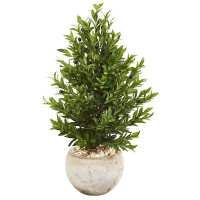 Indoor/Outdoor 3-Ft. Olive Cone Topiary Artificial Tree in Sand Stone Planter