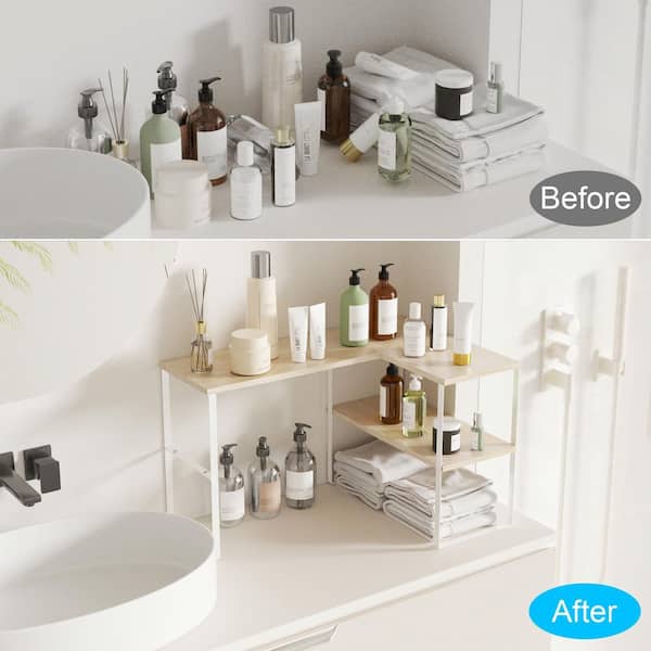 Beige Countertop Organizer Corner Shelf, 2-Tier Adjustable Stackable Corner Shelves for Kitchen, Bathroom