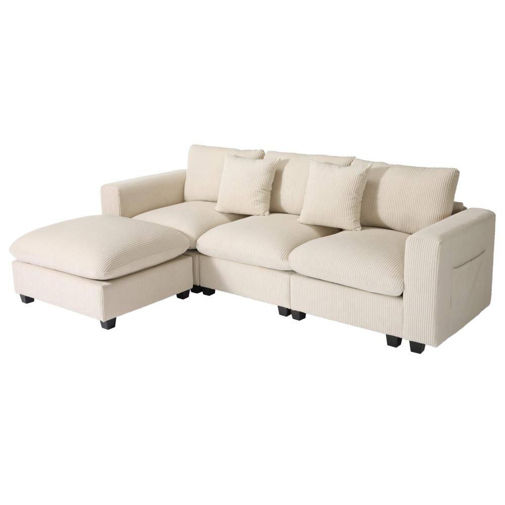 Hamilton 99 in. Square Arm 4-Piece Corduroy Upholstered Modular Sectional Sofa Ottoman Set w/ USB Charge Port in. Cream