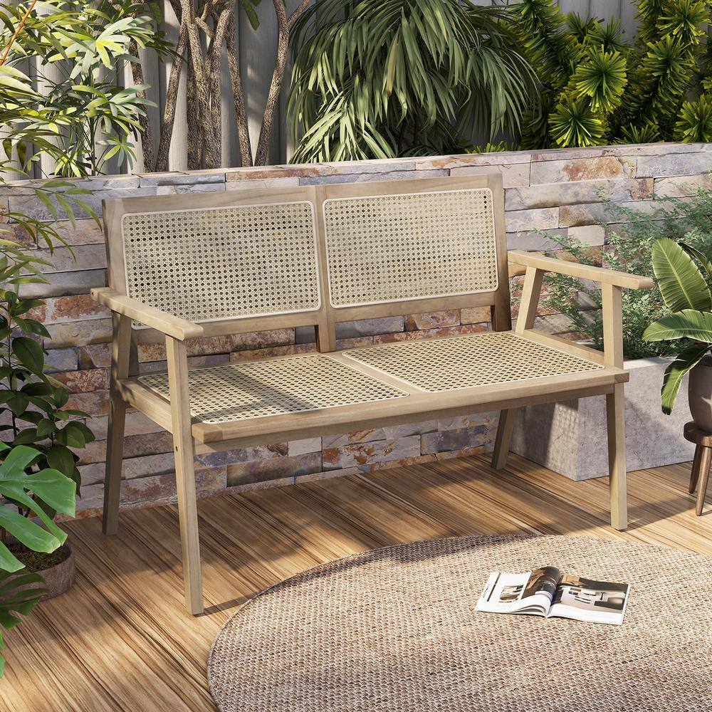 Teak Wood and Natural Rattan Outdoor Bench with Armrests