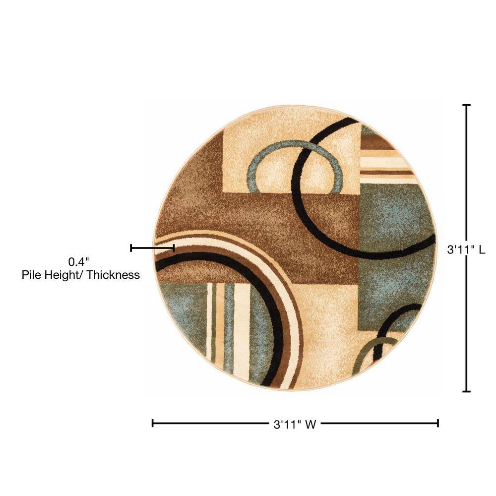 Light Blue and Beige Round Geometric Synthetic Area Rug